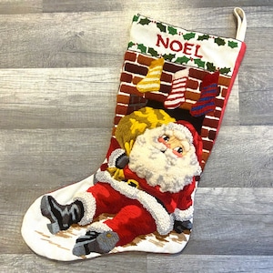 Christmas Stocking Vintage SUNSET Needlepoint Santa Claus "Santa's Here" Crewel Holiday Stocking Custom Stocking