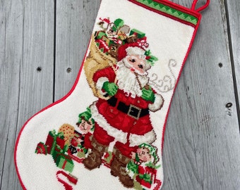 FINISHED Vintage Christmas Stocking NEEDLE TREASURES Santa and His Elves Needlepoint Holiday Stocking Toys Bag Pipe