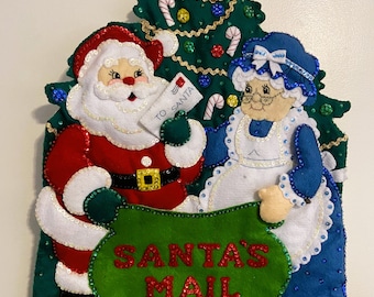 Handmade Vintage FINISHED BUCILLA KIT Santa's Mail Bag Christmas Card Holder Wall Hanging Banner From Kit 83269 Sequins Beads