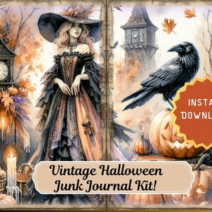 Halloween Junk Journal Kit, Vintage Halloween Junk Journal Pages, Halloween Printables, Digital Download, Tags, Autumn, Ephemera