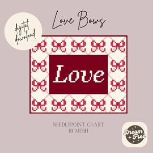 May include: Needlepoint chart for a love-themed design with red bows and the word "Love" in the center. The chart is for 18 mesh.