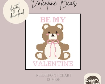 Valentine Bear Nadelpunktmuster - 13 Mesh, anfängerfreundlich für Nadelpunkt oder Kreuzstich, Valentinstagmuster