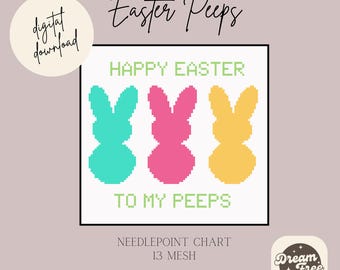Peeps Happy Easter Needlepoint Chart Pattern - 13 Mesh, Beginner-Friendly for Needlepoint or Cross-Stitch Easter Pattern Charted