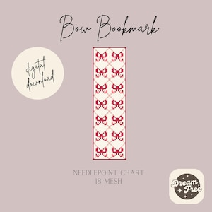 Könnte beinhalten: Stickmuster-Diagramm für ein Lesezeichen mit einem Muster aus roten Schleifen auf weißem Hintergrund. Das Diagramm ist für 18 Maschen und enthält den Text "Bow Bookmark".