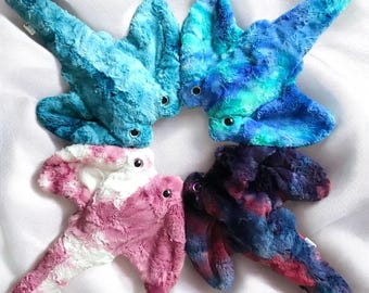 May include: Five plush stingray toys in different colors and patterns. The stingrays are arranged in a circle with their tails pointing outwards. The colors include blue, pink, and purple.