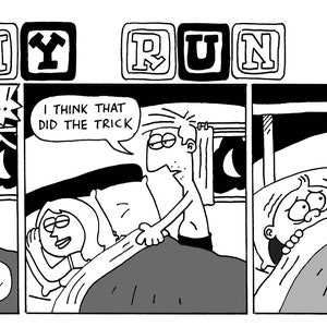 Puede incluir: Una tira cómica en blanco y negro titulada "DUMMY RUN". El cómic muestra a una pareja en la cama, con bocadillos. El panel final muestra un muñeco de ventrílocuo. La firma del artista es visible.