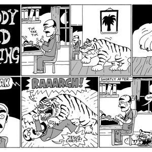 May include: A black and white comic strip depicting a man writing on a typewriter. A tiger enters the room and attacks the man. The man yells "Jesus, Christ!" as the tiger bites his arm. The comic strip is titled "Ruddy 'Ard Kipling".