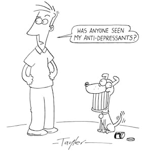 Anti-depressant dog signed A4 cartoon print (as seen in Private Eye magazine)