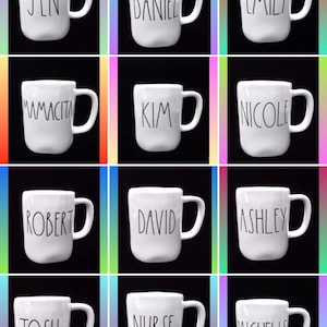 May include: Twelve white ceramic mugs with black lettering. The mugs feature the names Jen, Daniel, Emily, Mamacita, Kim, Nicole, Robert, David, Ashley, Josh, Nurse, and Michelle.