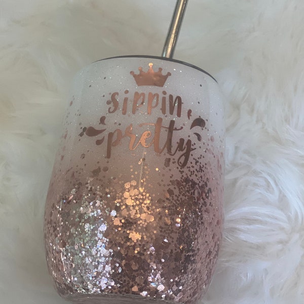 Rose gold, pink and white, glittered, stainless steel, wine tumbler, great for wine drinkers