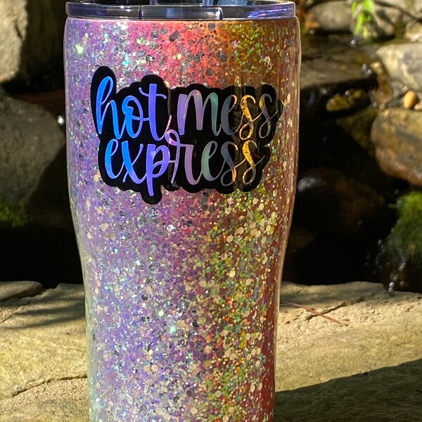 20 oz, stainless steel,  coffee tumbler,  color shifting glitter, hot mess express, hot mess, glitter tumbler, multiple neon colors