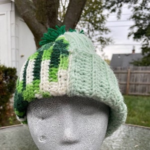 Green and White Crochet Chunky Oversized Ribbed Beanie Adult size - Handmade Beanie Hat