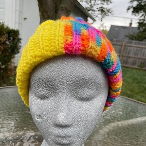 Yellow and Rainbow Oversized Ribbed Beanie Adult size - Handmade Beanie Hat