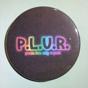 May include: A black button with a rainbow colored acronym "P.L.U.R." which stands for "Peace Love Unity Respect".