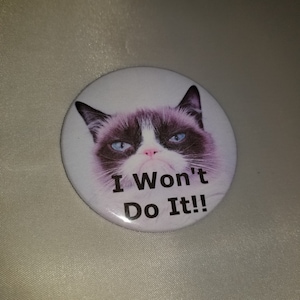 May include: A round button with a picture of a grumpy cat with the text "I Won't Do It!!"