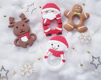 Baby silicone teething Santa claus reindeer gingerbread snowman gift teether baby shower theme Christmas present teething ring stocking