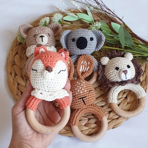 Personalised Animal Crochet Rattle | Baby Shower Gift | Custom Wooden Baby Rattle | Crochet Rattle Toy | Newborn Gift ideas