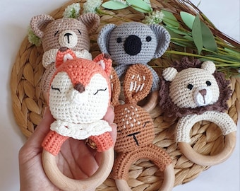 Personalised Animal Crochet Rattle | Baby Shower Gift | Custom Wooden Baby Rattle | Crochet Rattle Toy | Newborn Gift ideas