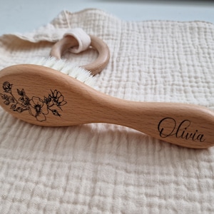 Personalized Wooden Baby Hairbrush: Soft Goat Hair Bristles, Newborn Gift