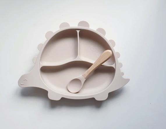 Plato de succión de silicona para bebé con cuchara y tenedor Juego de  platos de dinosaurio para bebé, utensilios de alimentación para bebés,  cuchara