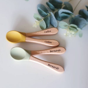 Personalized engraved wooden and silicone weaning baby Spoon and Fork Cutlery set weaning baby personalised baby spoon