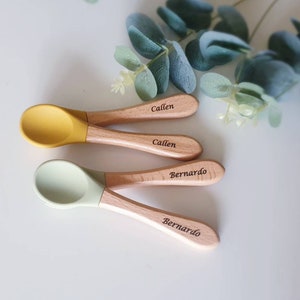 Personalized engraved wooden and silicone weaning baby Spoon and Fork Cutlery set weaning baby personalised baby spoon set easter gift