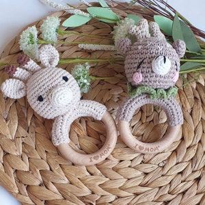 Crochet Wood Animal Baby Rattle | New Baby Handmade Wooden Toy | Baby Shower Gift | Musical Shaker Baby Toy baby