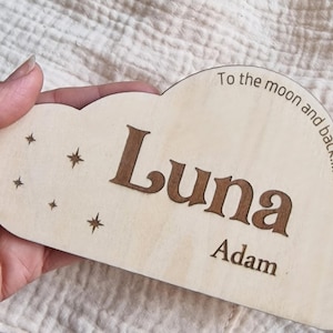 Faire-part de nom d'hôpital, cadeau de baby shower, plaque personnalisée, faire-part de nom de signe de bébé, mini signe de nom de bébé nuage Bonjour mon nom