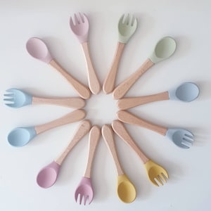 Personalised Baby Cutlery Set Silicone Spoon & Fork, Beech Wood Handle first weaning gift baby shower gift First Christmas eve filler gift