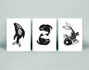 3 Cards A6 Illustration - La Baleine - Baleines - Koï