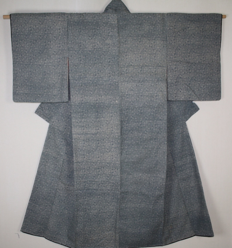 Japanese antique indigo dyeing silk and cotton tsumugi kimono of katazome pattern of Chrysanthemum and paulownia flower of the edo era
