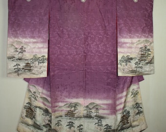 Japanese antique silk yuzan dye child kimono Meiji (1868-1912)