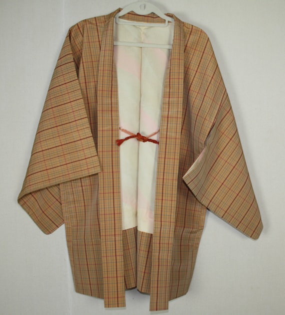 silk haori jacket of Light brown, blue and red c