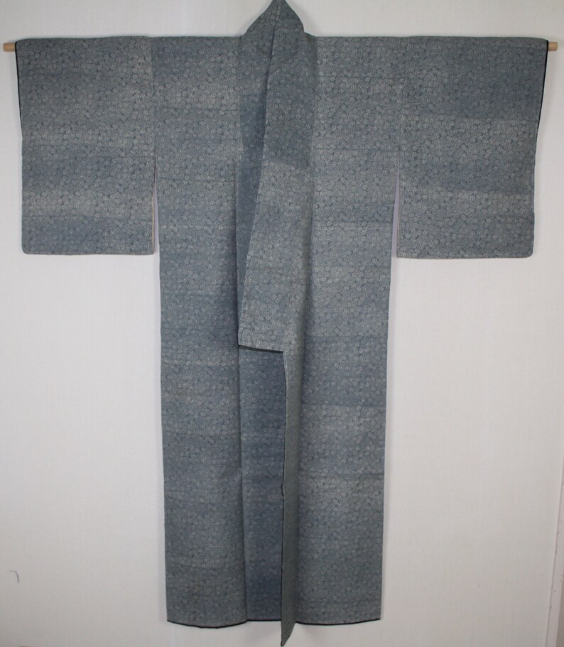 Japanese antique indigo dyeing silk and cotton tsumugi kimono of katazome pattern of Chrysanthemum and paulownia flower of the edo era
