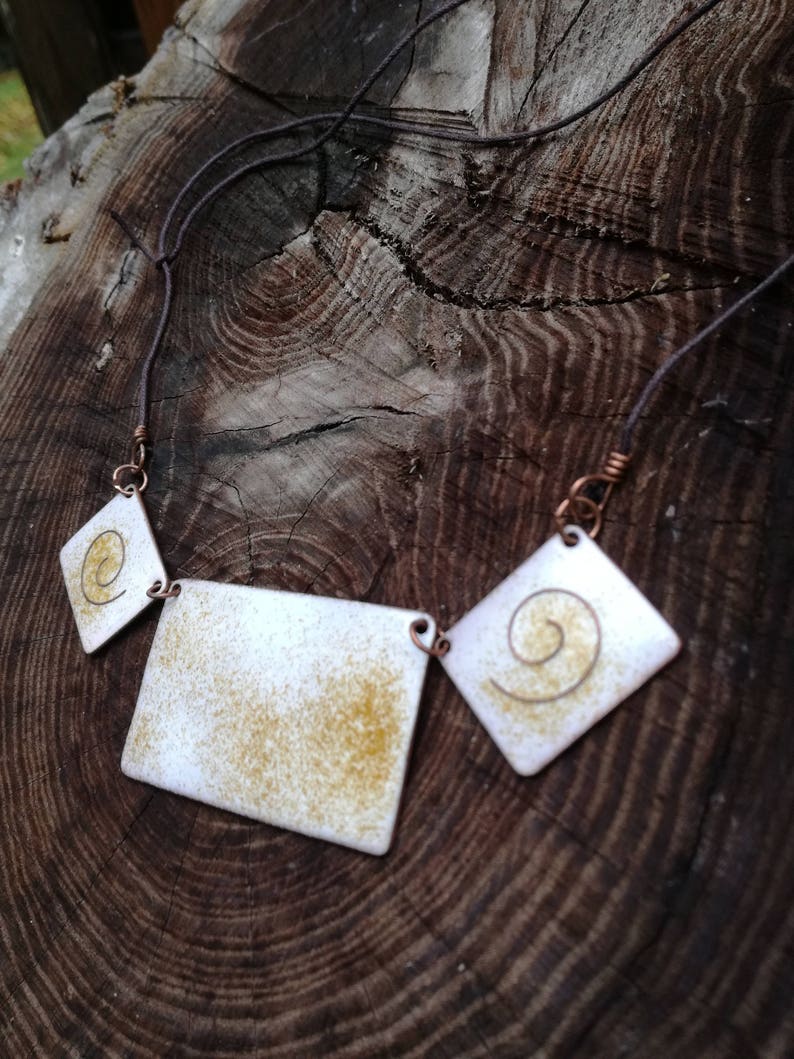 Statement necklace in copper and fire enamels Handmade jewelry with celtic spiral decorations unique gift for original lady summer present