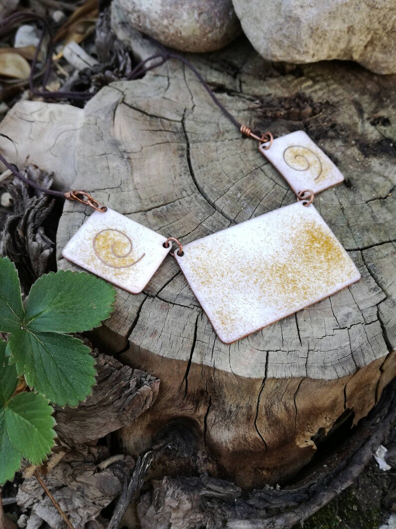 Statement necklace in copper and fire enamels Handmade jewelry with celtic spiral decorations unique gift for original lady summer present