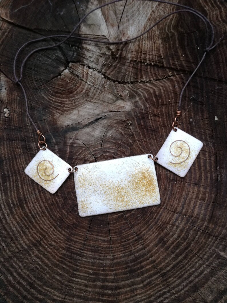 Statement necklace in copper and fire enamels Handmade jewelry with celtic spiral decorations unique gift for original lady summer present