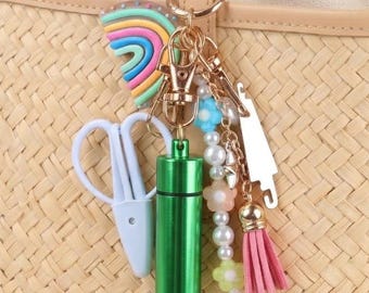 Needlepoint Bag Charm Tool Kit keychain | Embroidery Project Accessories | Mini Scissors, Needle Threader, Tassel Pearl Keychain