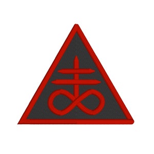 May include: Red embroidered patch with a black triangle and a red symbol inside. The symbol is a stylized upside-down cross with a circle around it.