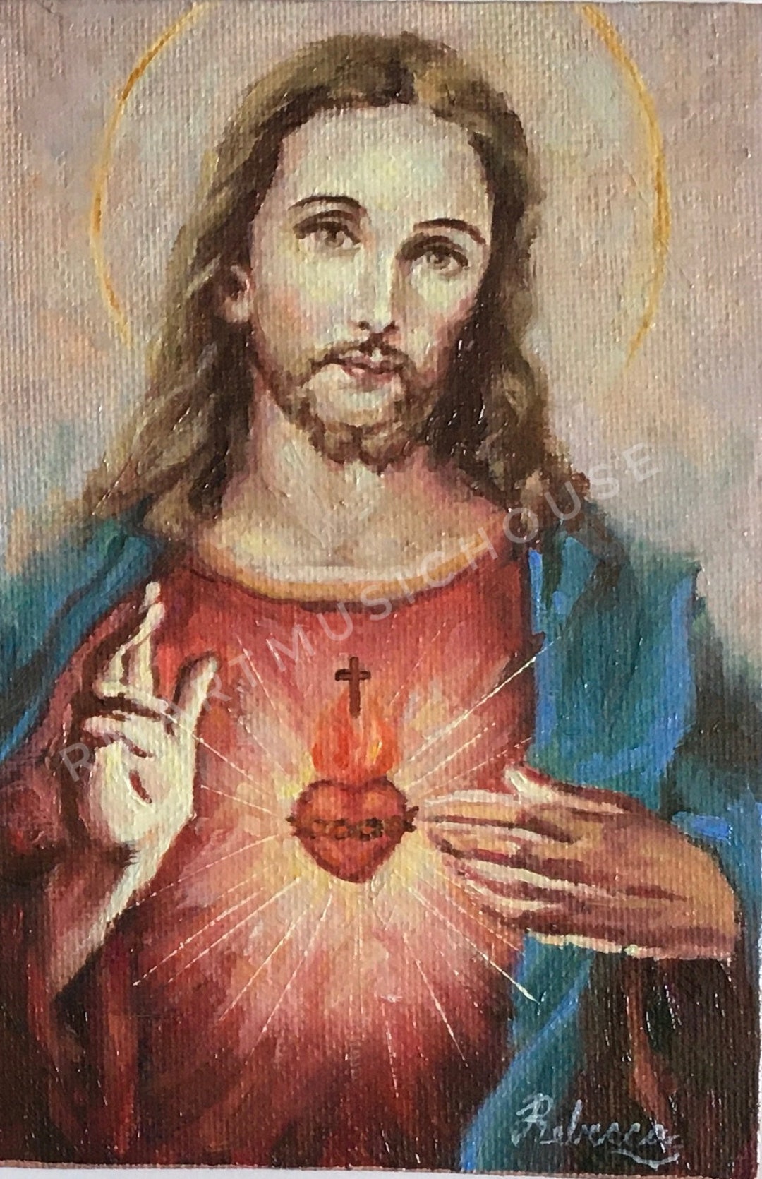 Original Handmade Sacred Heart of Jesus Christ Mini Oil Painting 4x6 Inches Canvas Board
