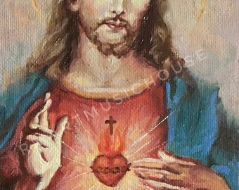 Original Handmade Sacred Heart of Jesus Christ Mini Oil Painting 4x6 inches Canvas Board Catholic Religious Art Baptism Gift Saint Portrait