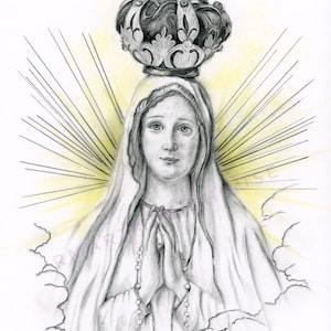 PRINT of Our Lady of Fatima Pencil Drawing Free Shipping Catholic Religious Art Portrait of Saint Virgin Mary Vintage Holy Prayer Card