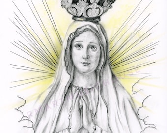 PRINT of Our Lady of Fatima Pencil Drawing Free Shipping Catholic Religious Art Portrait of Saint Virgin Mary Vintage Holy Prayer Card