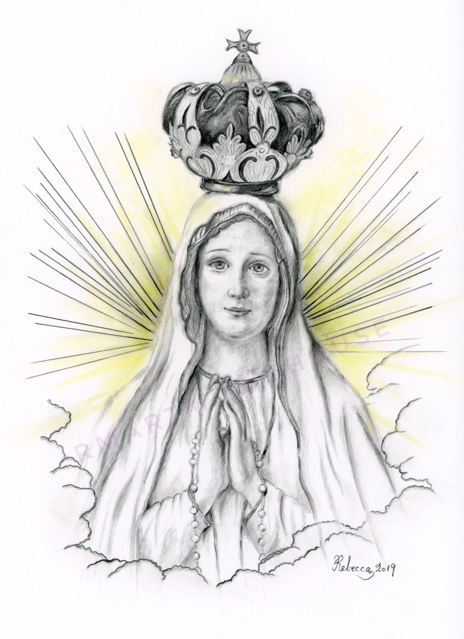 PRINT of Our Lady of Fatima Pencil Drawing Free Shipping Catholic Religious Art Portrait of Saint Virgin Mary Vintage Holy Prayer Card