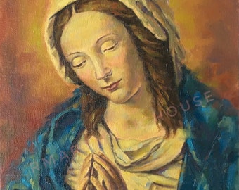 Original Handmade Virgin Mary in Prayer Small Oil Painting 8x10 inches Canvas Board Catholic Religious Art Saint Portrait