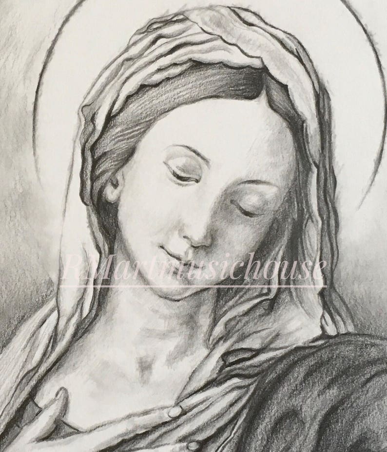 100% Handmade Original Virgin Mary Pencil Drawing Saint | Etsy