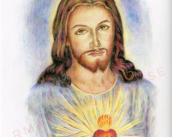 PRINT of Sacred Heart of Jesus Christ Colour Pencil Drawing Free Shipping 5x7 inches 8.5x11 inches Canon Matt Paper Saint Portrait