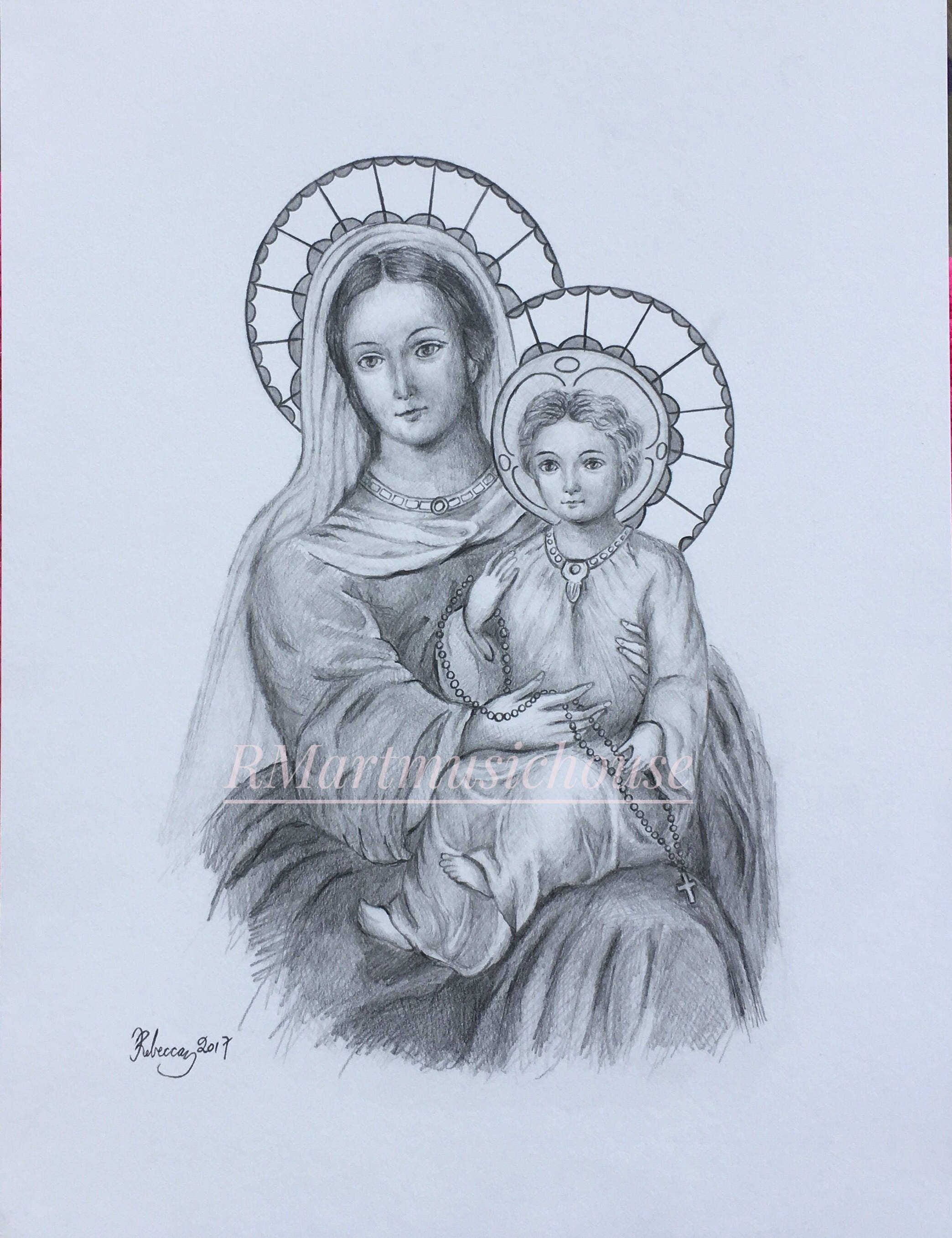 100% Handmade Drawing Mary and Infant JesusVintage Holy | Etsy