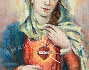 Original Handmade Immaculate Heart of Virgin Mary Mini Oil Painting 4 x 6 inches Canvas Board Catholic Religious Art Baptism Gift