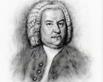 PRINT of J S Bach Pencil Drawing Free Shipping German Composer Musician Baroque Church Music Organist Pianist Portrait Music Teacher Gift